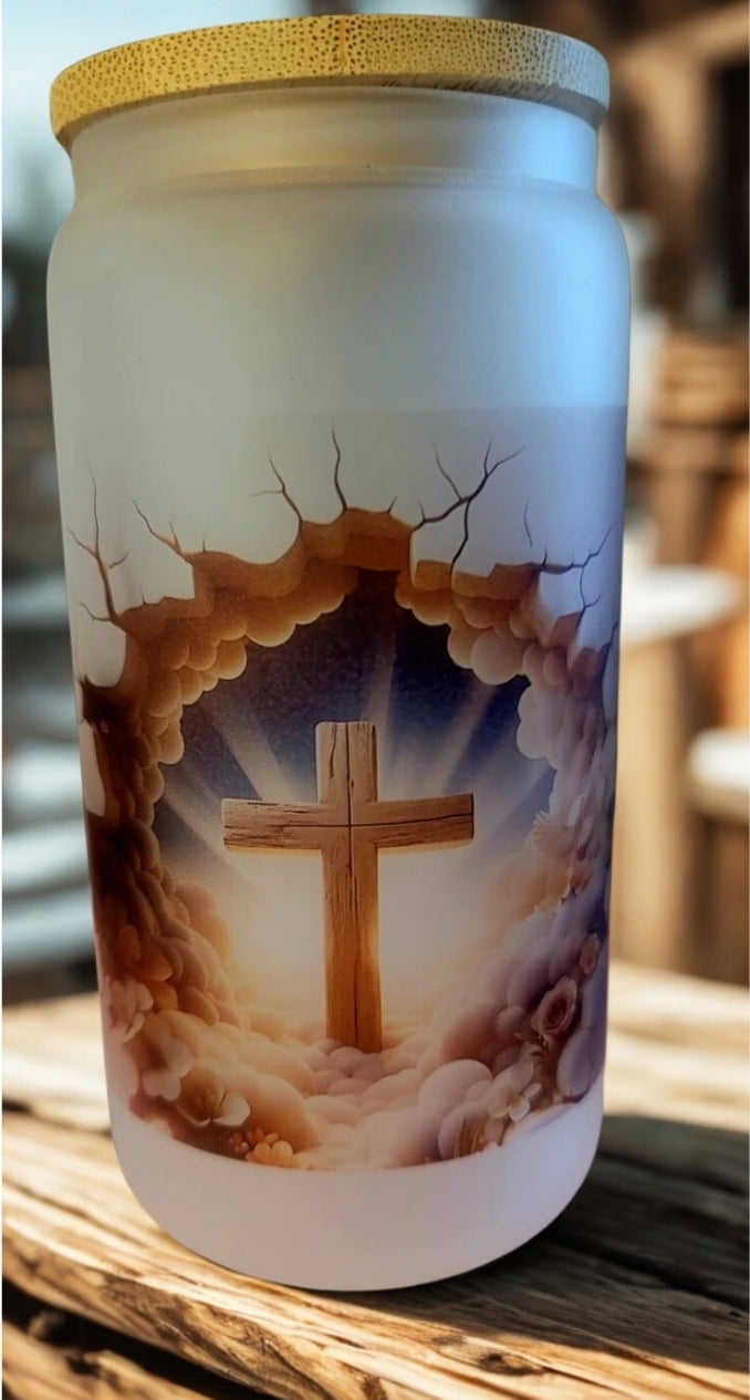 Cross breaking through glass tumbler